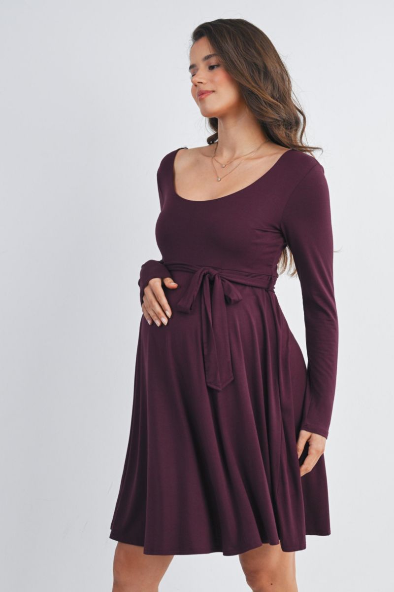 Women's Scoop Neck Long Sleeve Tie Waist Dress