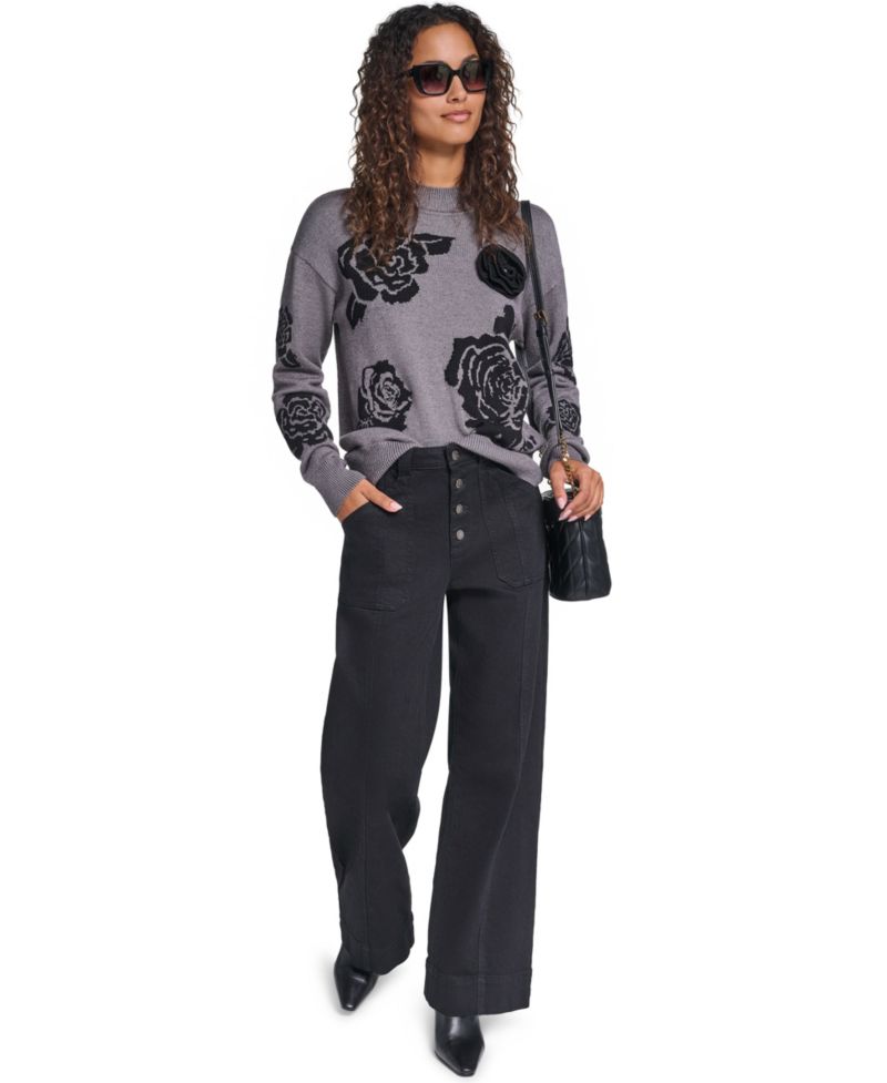 Women's Mock-Neck Long-Sleeve Floral Sweater