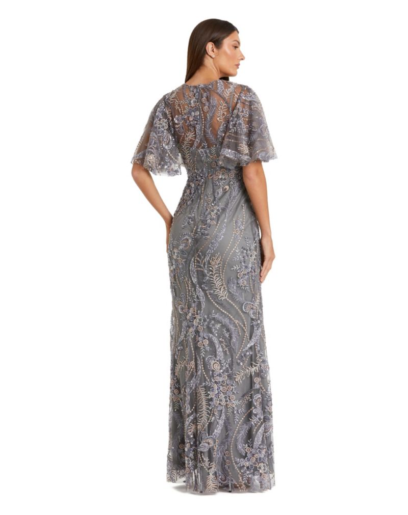 Women's High Neck Flutter Sleeve Floral Embroidered Gown