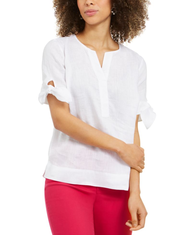 Petite 100% Linen Split-Neck Tie Sleeve Top