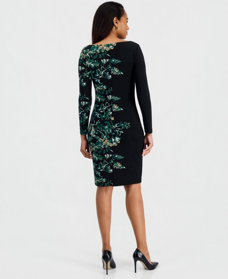 Petite Long-Sleeve Floral Side-Pleat Dress