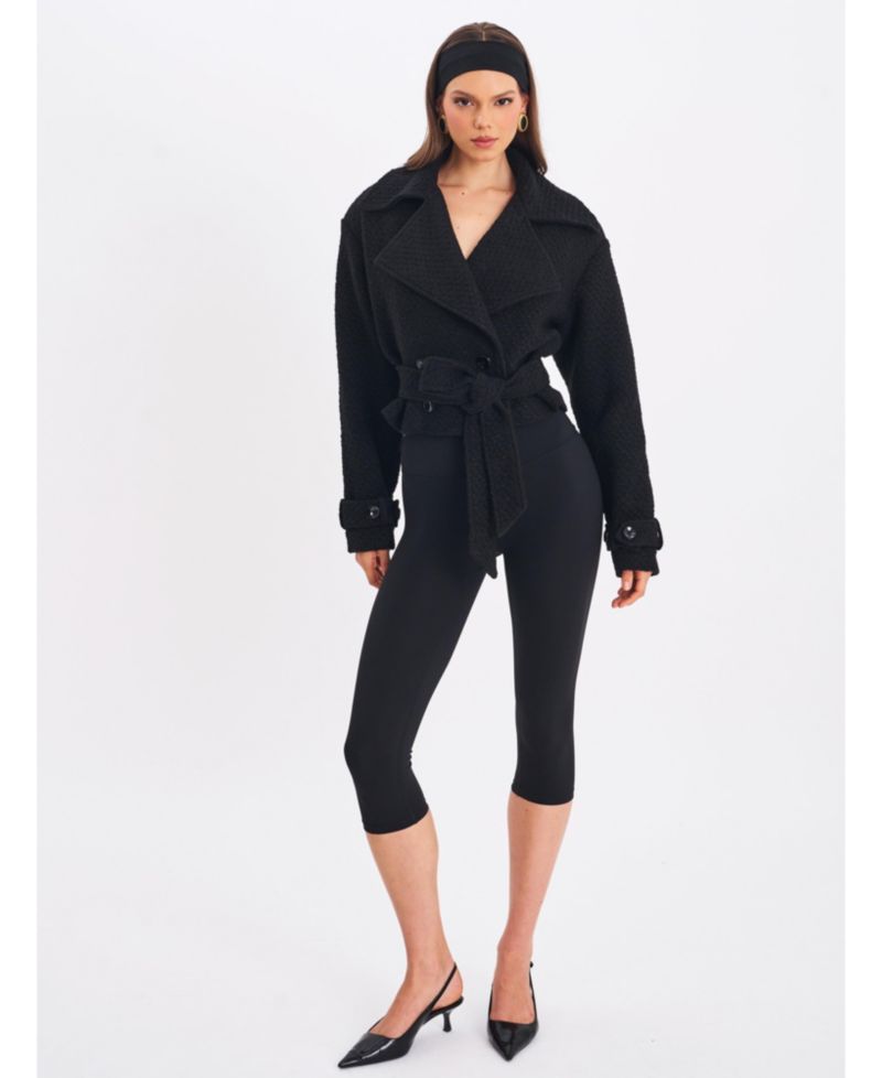 Women's Dara Black Wool Blend Cropped Double-Breasted Belted Coat