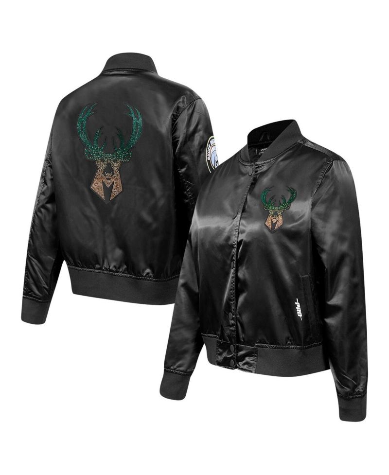 Women's Black Milwaukee Bucks Rhinestone Satin Full-Snap Jacket