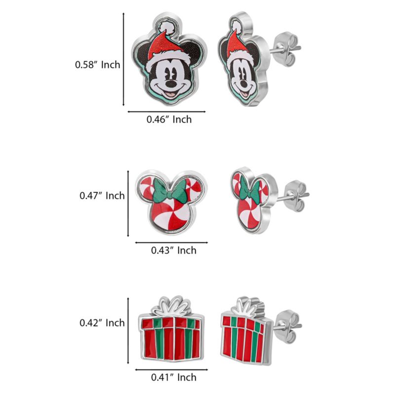 Holiday Stud Earring Set, 3 Pairs - Mickey Santa, Peppermint Ears and Gifts, Silver Tone