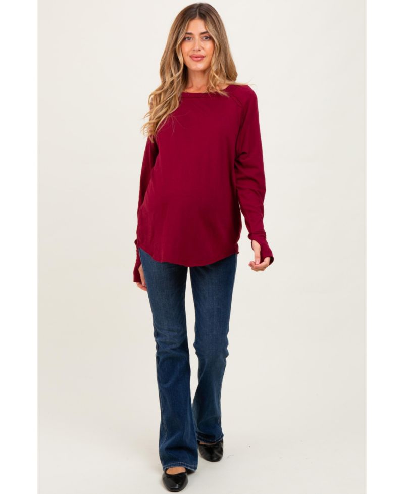 Women's Burgundy Exposed Seam Long Sleeve Top