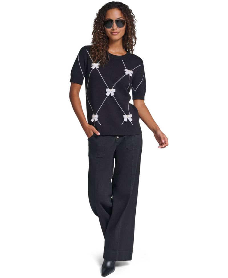 Women's Argyle 3D Bow Short-Sleeve Crewneck Sweater