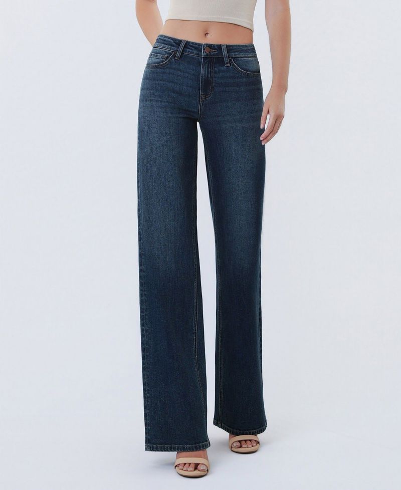 Women's Mid Rise Full Length Wide Leg Jeans