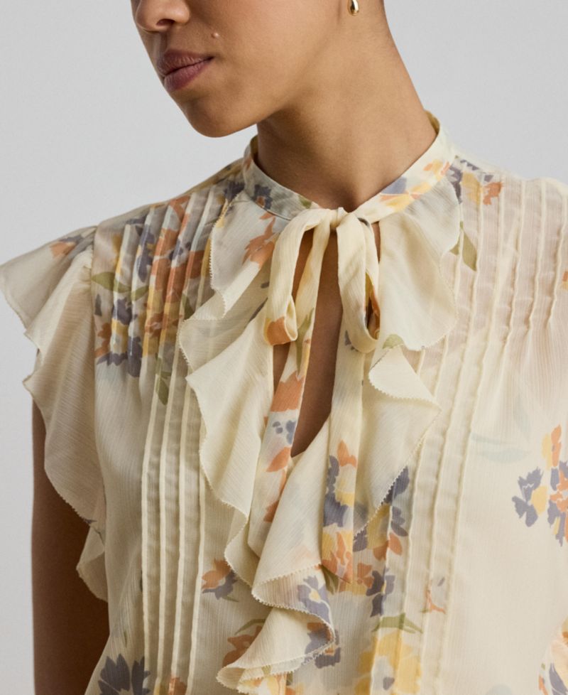Women's Floral Pintucked Band Collar Tie-Neck Blouse