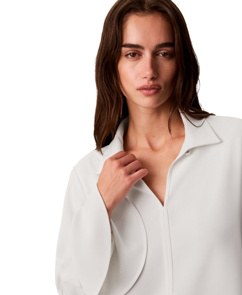 Women's Long-Sleeve Flutter-Cuff Keyhole Blouse