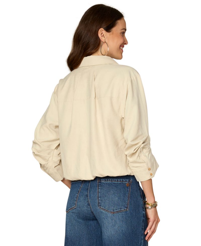 Petite Ruched-Sleeve Bubble-Hem Shirt
