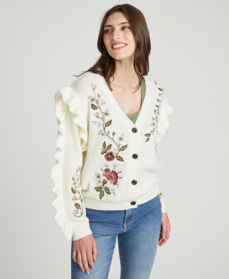 Women's Floral-Embroidered V-Neck Rosevine Ruffle Cardigan