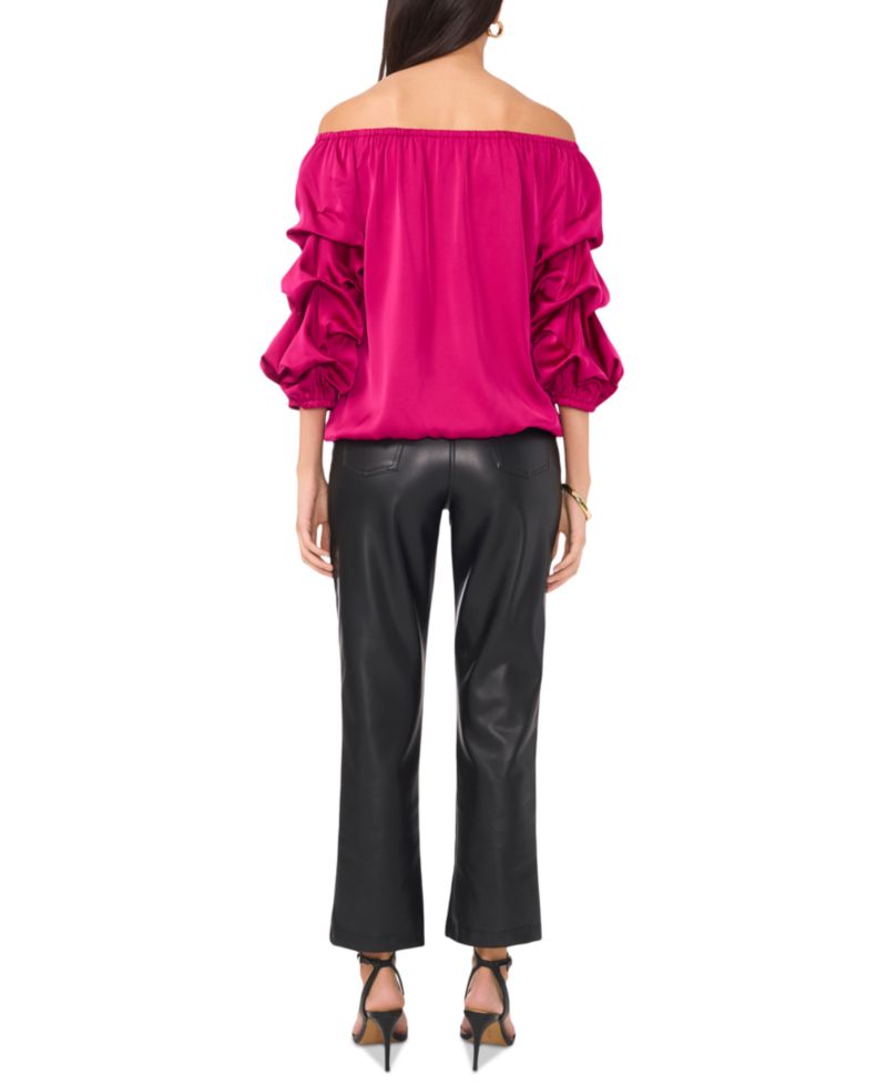 Women's Satin Off-The-Shoulder Bubble 3/4-Sleeve Tie-Front Blouse