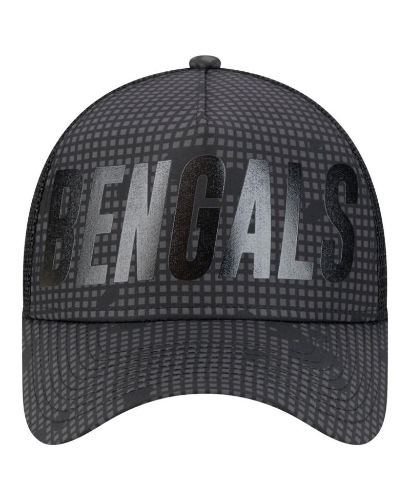 Men's Black Cincinnati Bengals Midnight Ink Tonal Text A-Frame Trucker 9FORTY Adjustable Hat