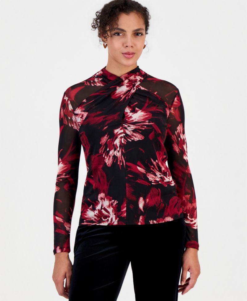 Women's Floral-Print Mesh Long-Sleeve Blouse