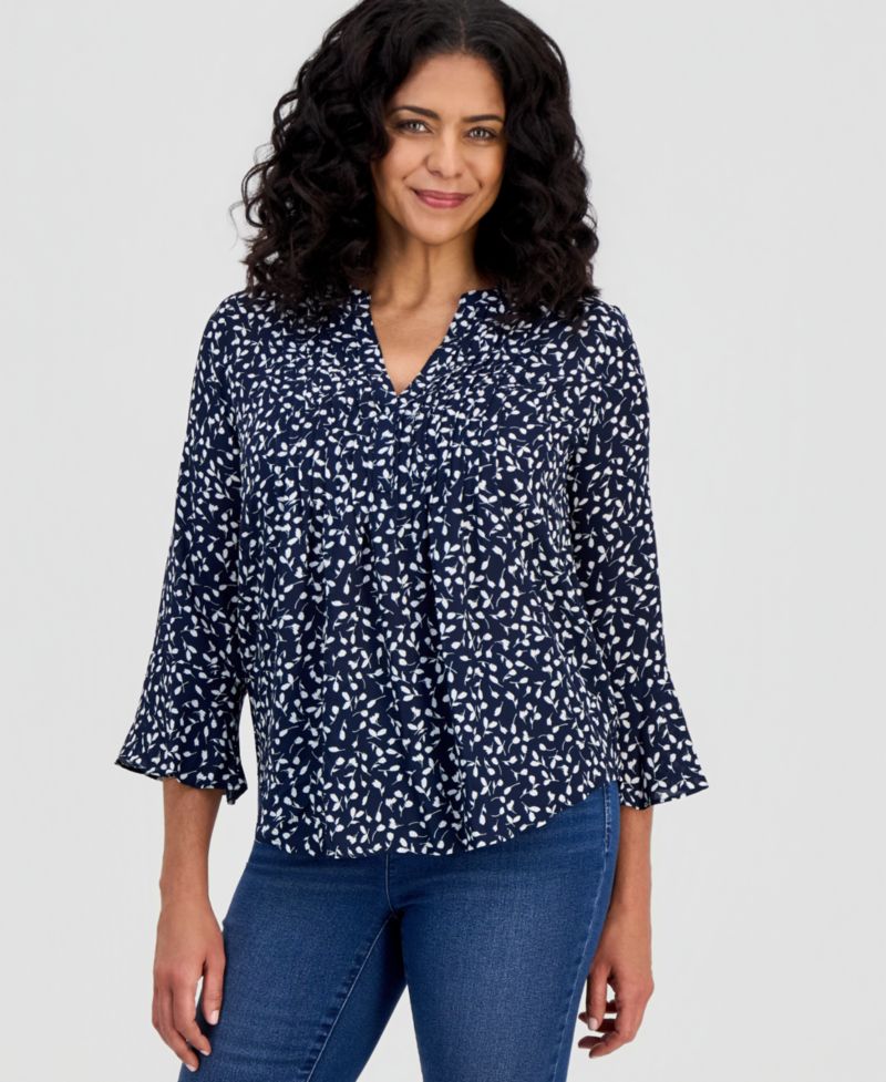 Women's Petite Printed Pintuck Ruffle-Sleeve Top