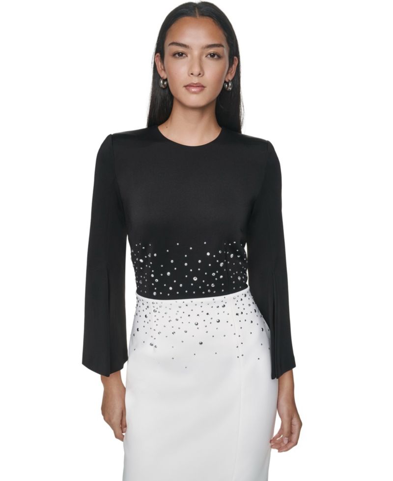 Women's Colorblock Rhinestone Bell-Sleeve Midi Dress