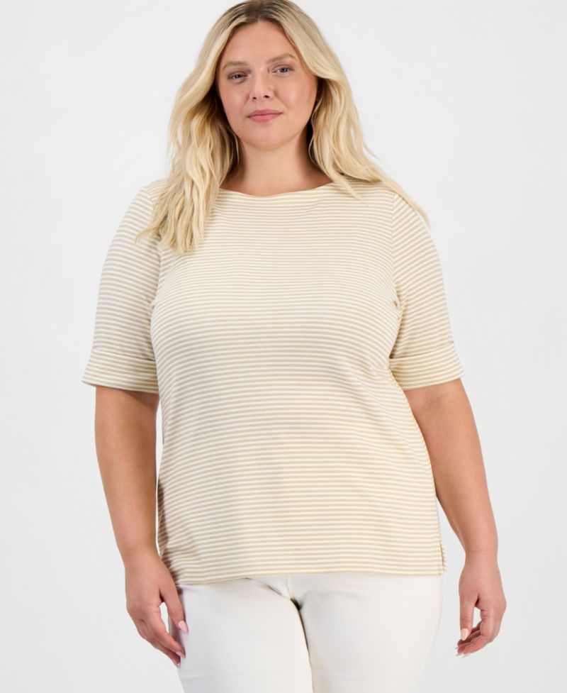 Petite Printed Elbow Sleeve Boatneck Top