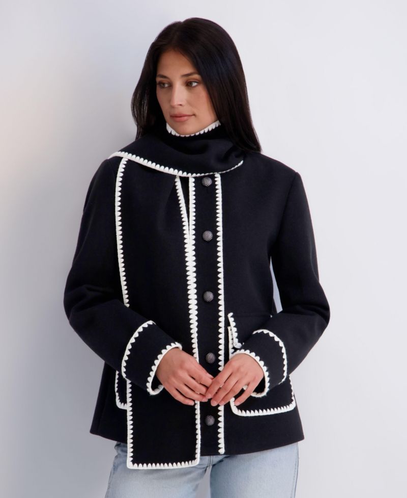 Women's Faux Wool Jacket With Wipstich Detail And Scarf