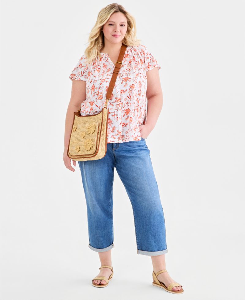 Plus Size Printed Button-Front Flutter-Sleeve Top