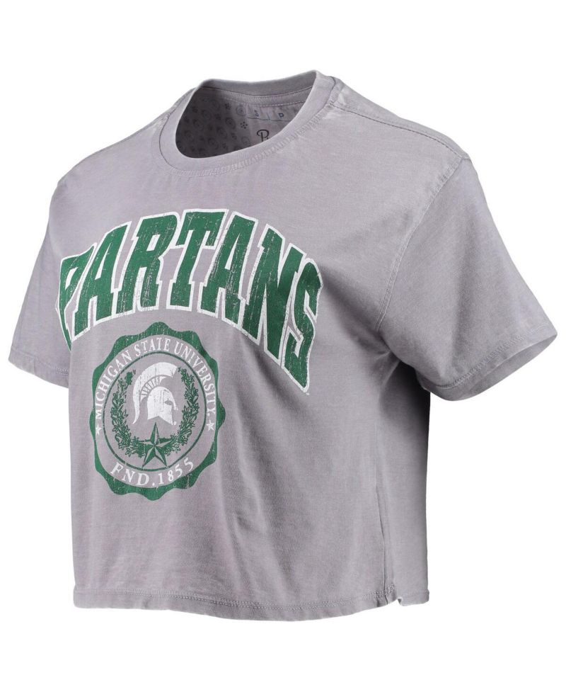 Women's Heathered Gray Michigan State Spartans Edith Vintage-Like Burnout Crop T-shirt