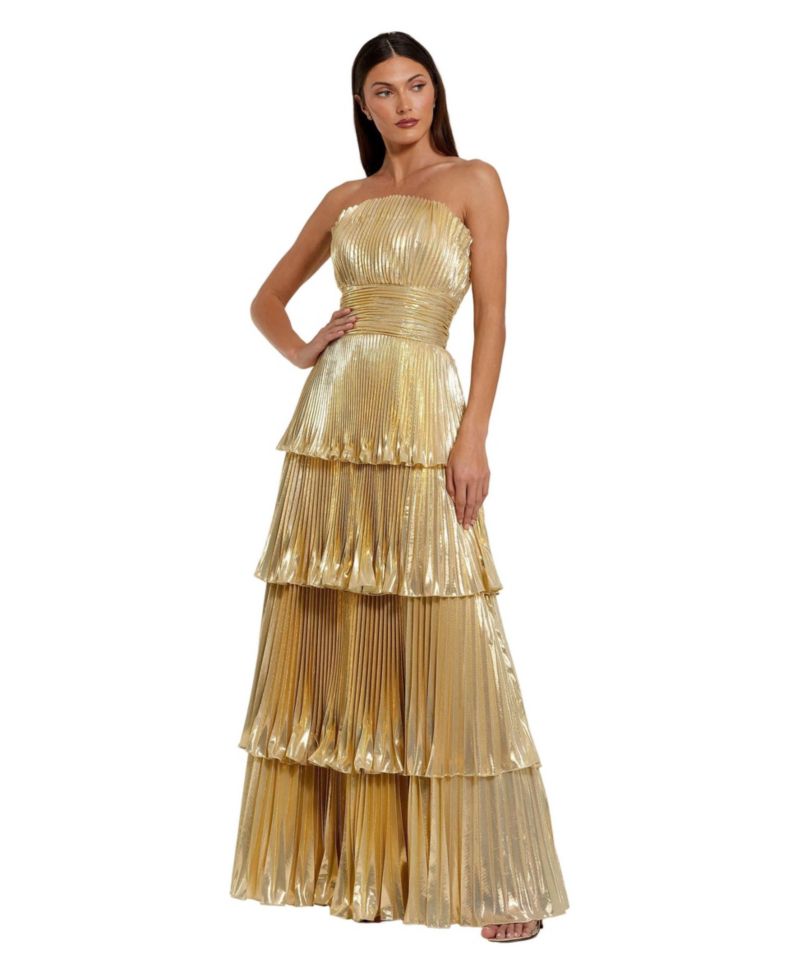Petite Strapless Metallic Pleated Tiered Gown