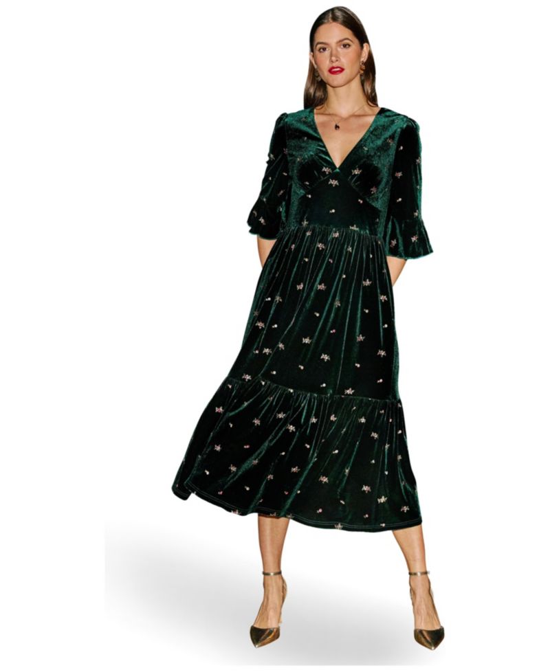 Women's Velvet Embroidered V-Neck Midi Dress