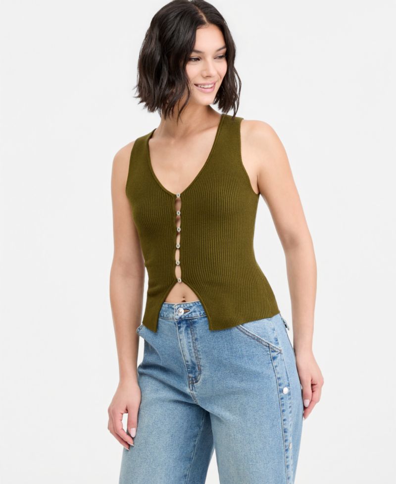 Women's Ribbed Button-Front Top