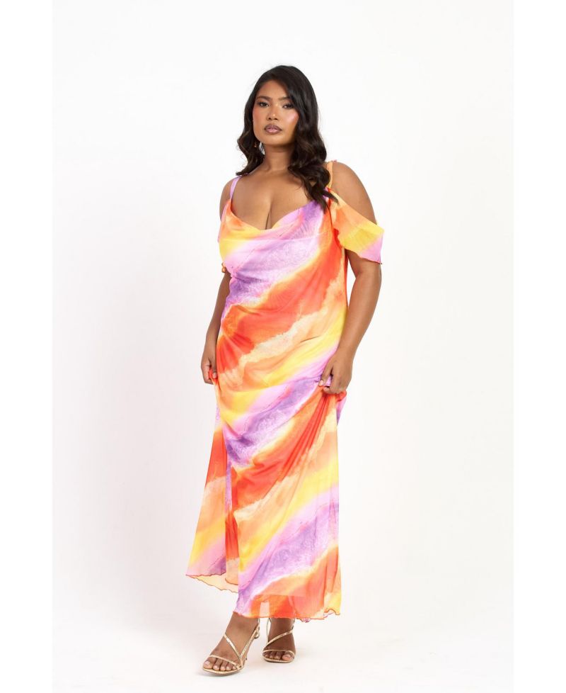 Women's Cold Shoulder Marble Print Maxi Dress