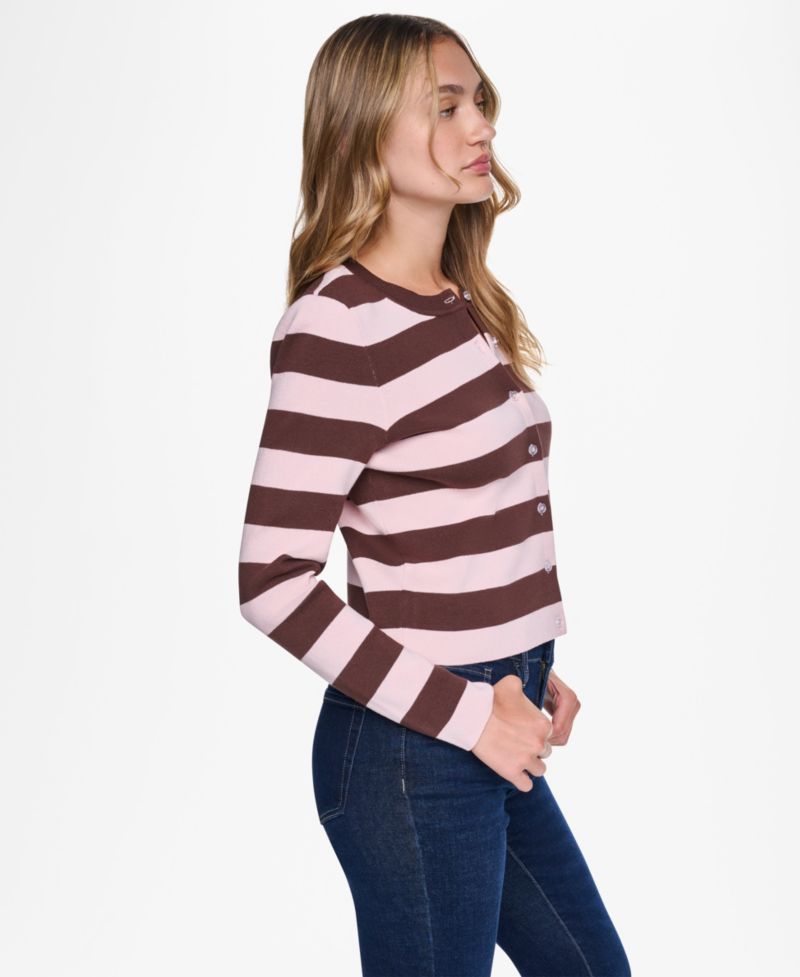 Women's Cropped Stripe Long-Sleeve Crew Neck Cardigan