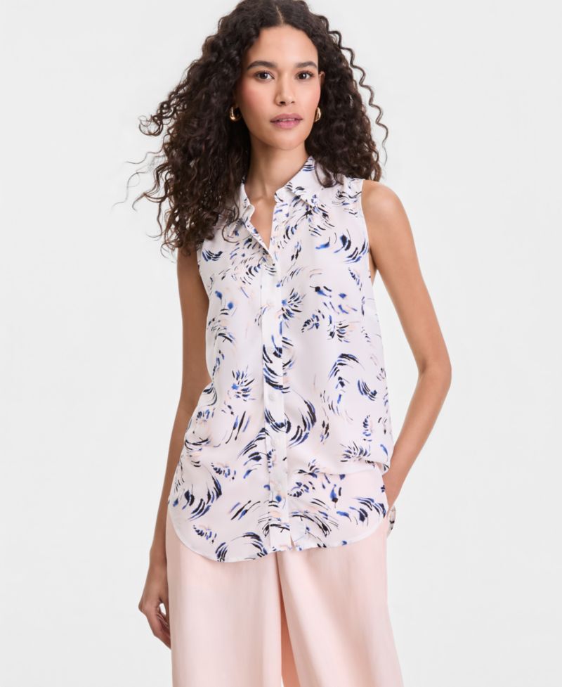 Women's Printed Button-Down Sleeveless Blouse