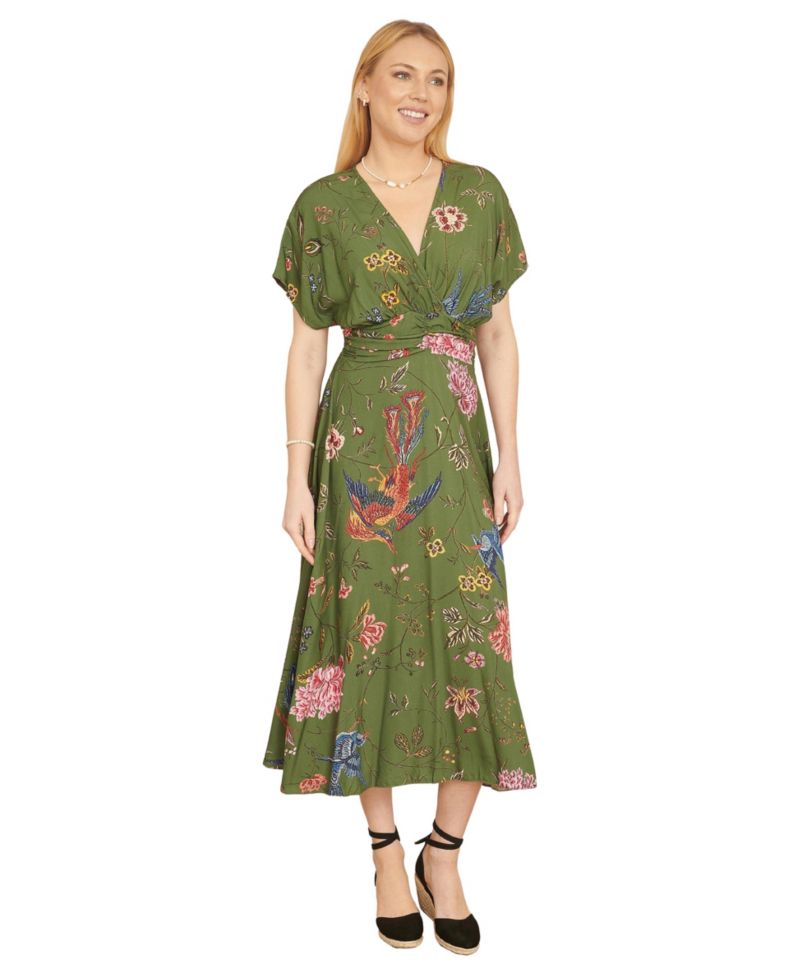 Women's Ruched Waist Kimono Sleeve Midi Dress
