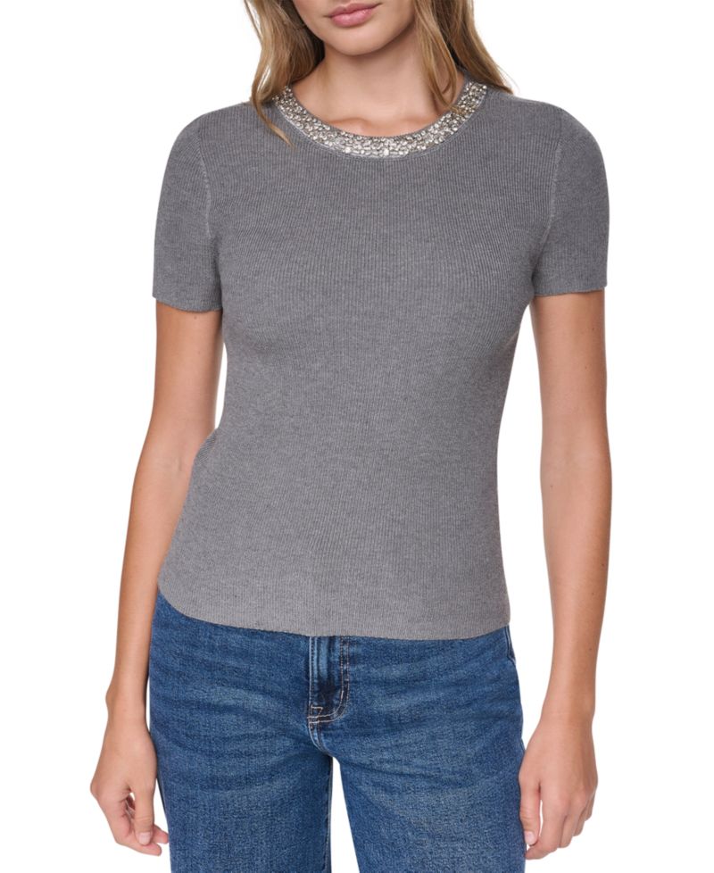 Women's Embellished Ribbed-Knit Short-Sleeve Crewneck Sweater