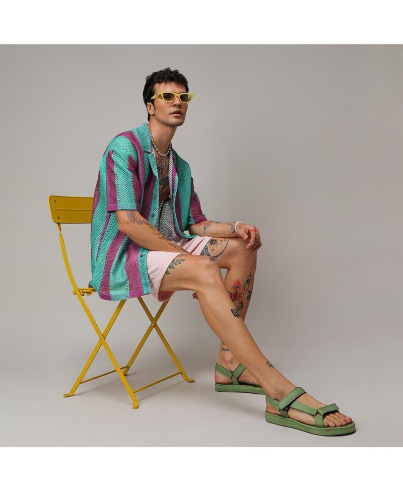 Men's Mint Green & Plum Purple Balanced Striped Oversized Shirt