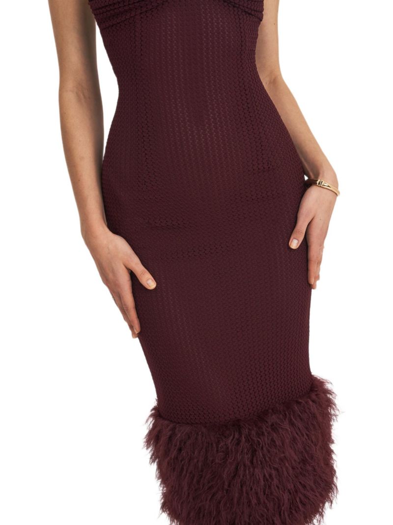Women's Pluma Maroon Halter Faux-Fur Trimmed Midi Dress