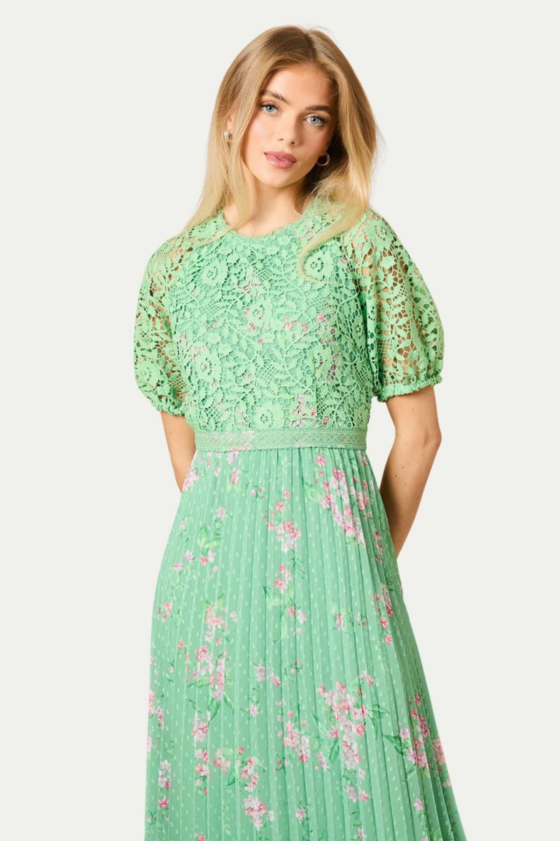 Women's Floral Lace Bodice Pleated Midi Dress