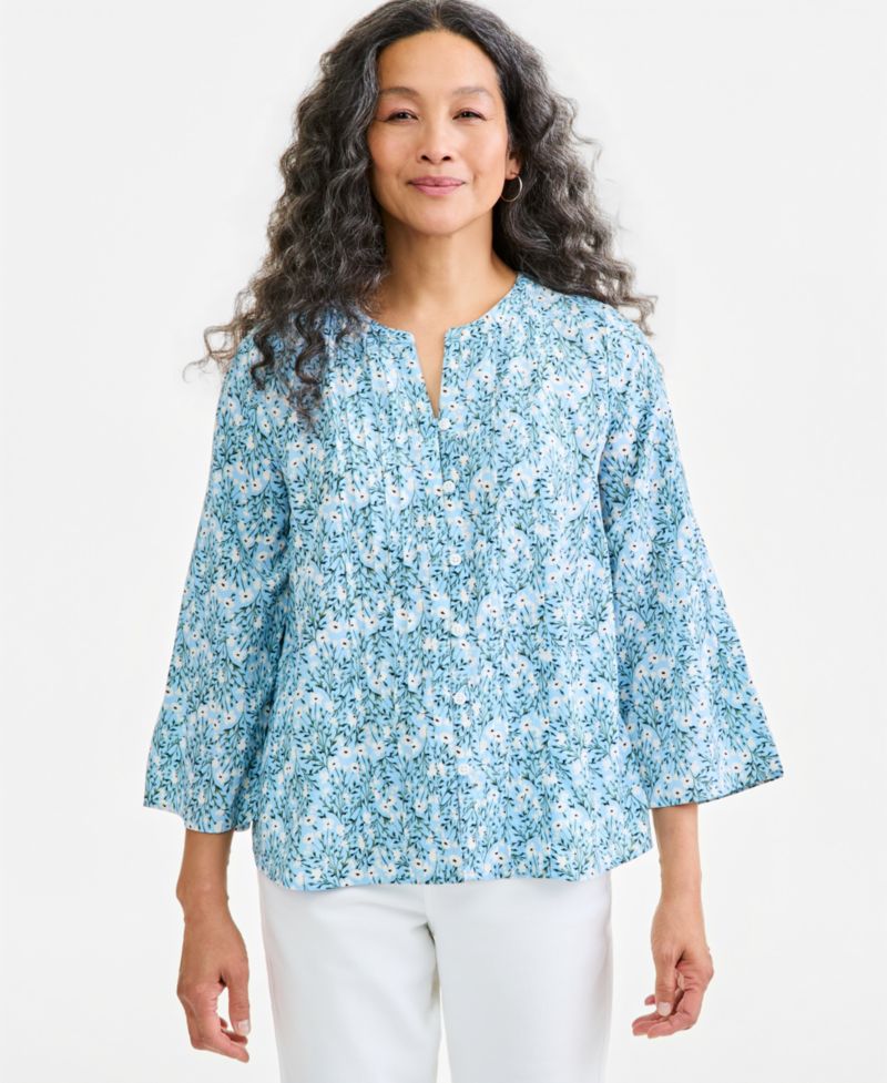 Plus Printed Bell-Sleeve Pintuck Blouse