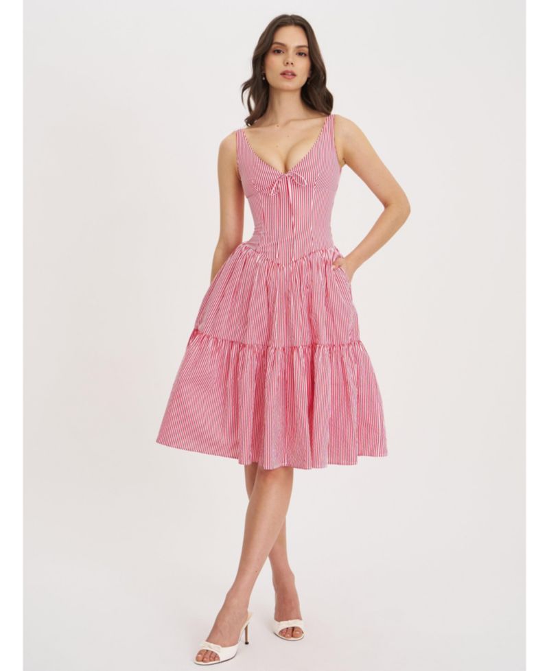 Women's Oceana Red Candy Stripe Drop Waist Midi Dress