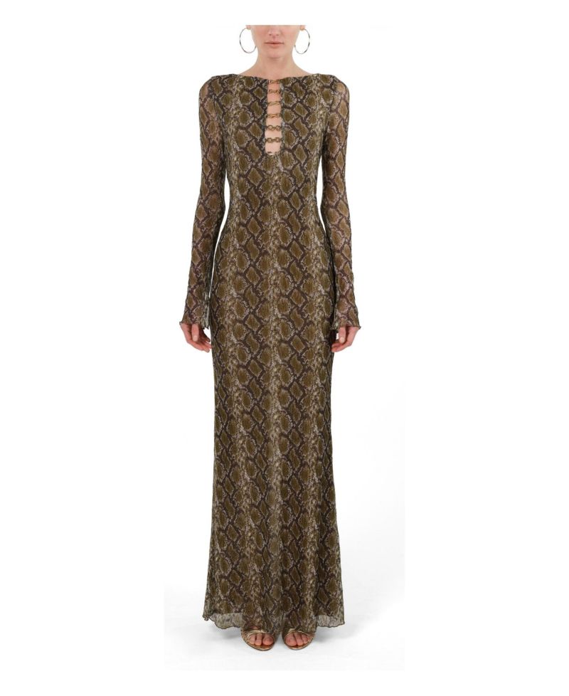 Women's Snake Print Ring Detail Long Sleeve Maxi Dress