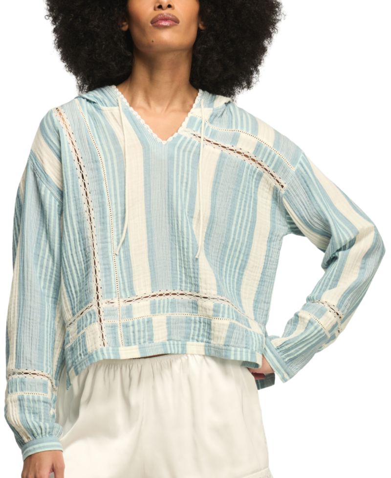 Women's Striped Lace Detail V-Neck Hoodie