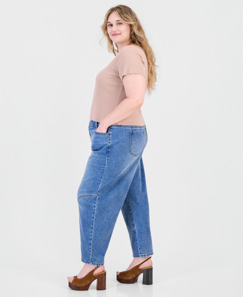 Plus Size Curved Seamed Barrel High-Waisted Wide-Leg Denim Jeans