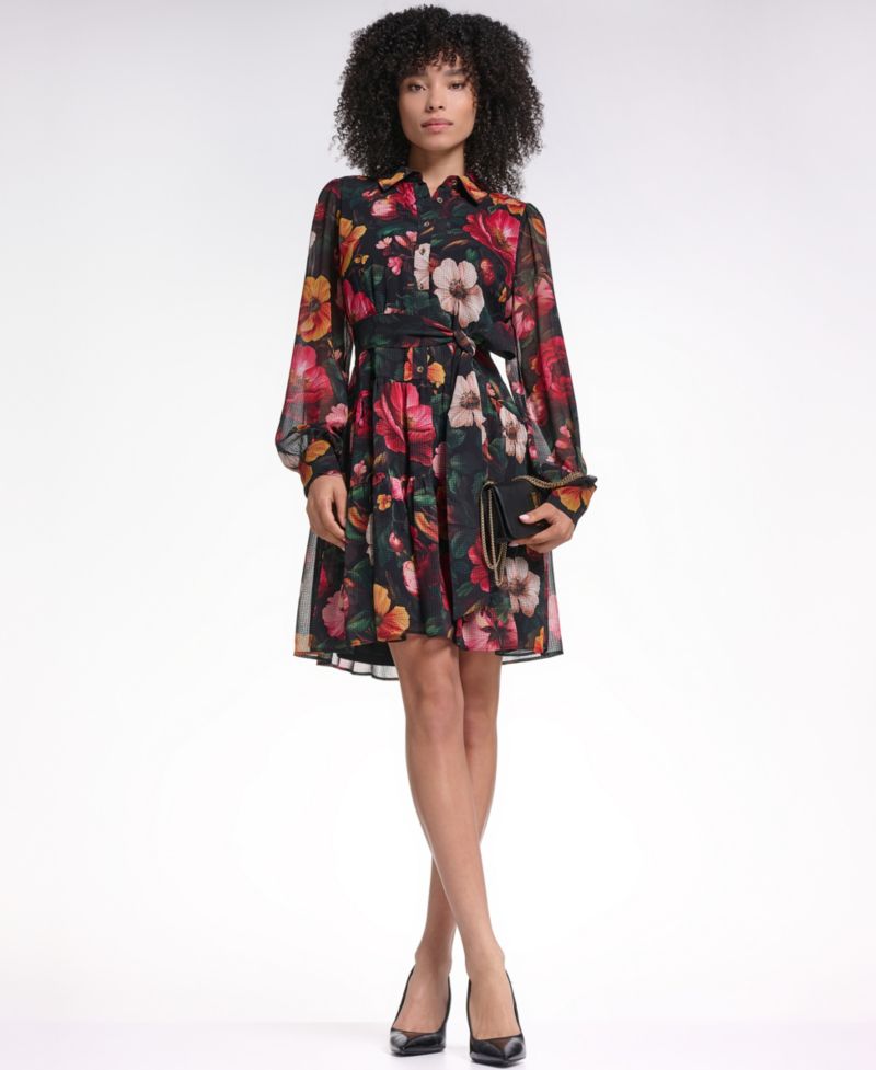 Women's Printed Grid Chiffon Shirtdress
