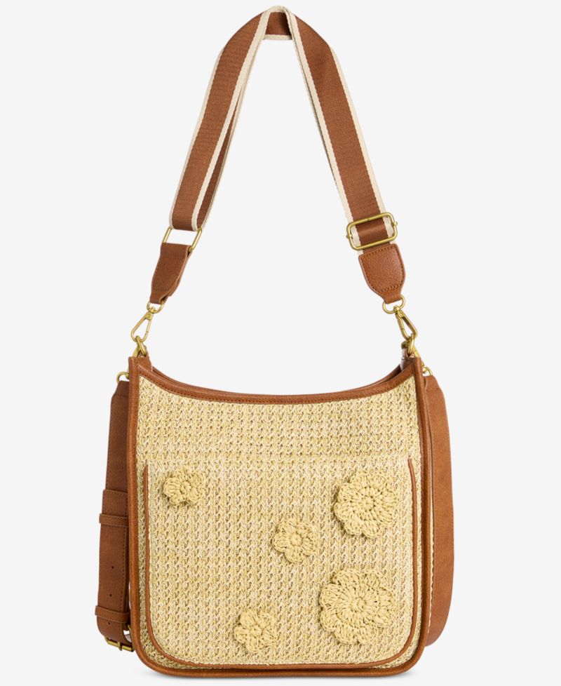 Floral Straw Applique Dip Crossbody