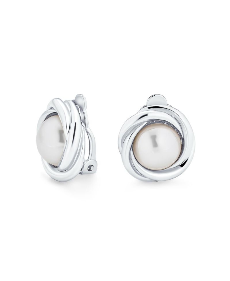 Classic Faux White Pearl Clip On Earrings Cable Bezel Set Gold Plated