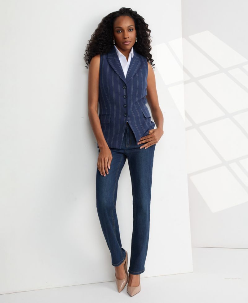 Petite Double Pinstripe Peak Lapel Linen Collar Vest