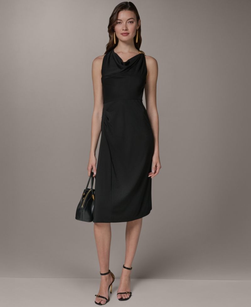 Women's Halter Cowl Neck Sheath Sleeveless Midi Dress