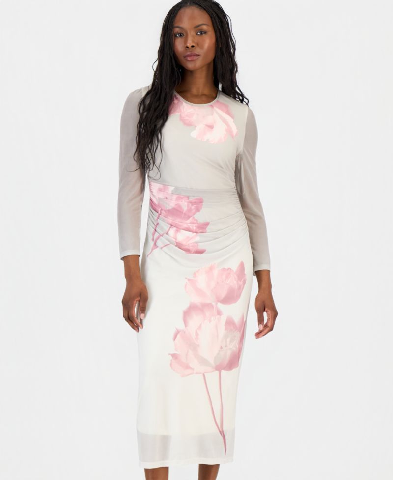 Petite Ruched Printed Mesh Midi Dress
