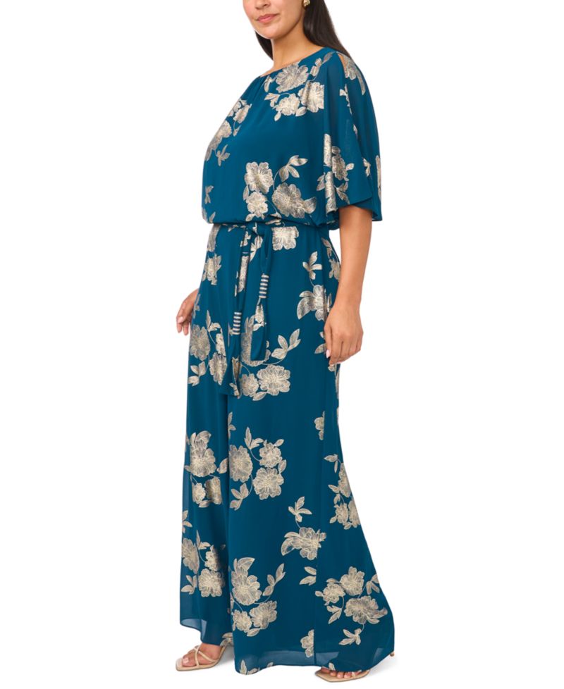 Plus Size Floral-Print Wide-Leg Blouson Jumpsuit with Belt