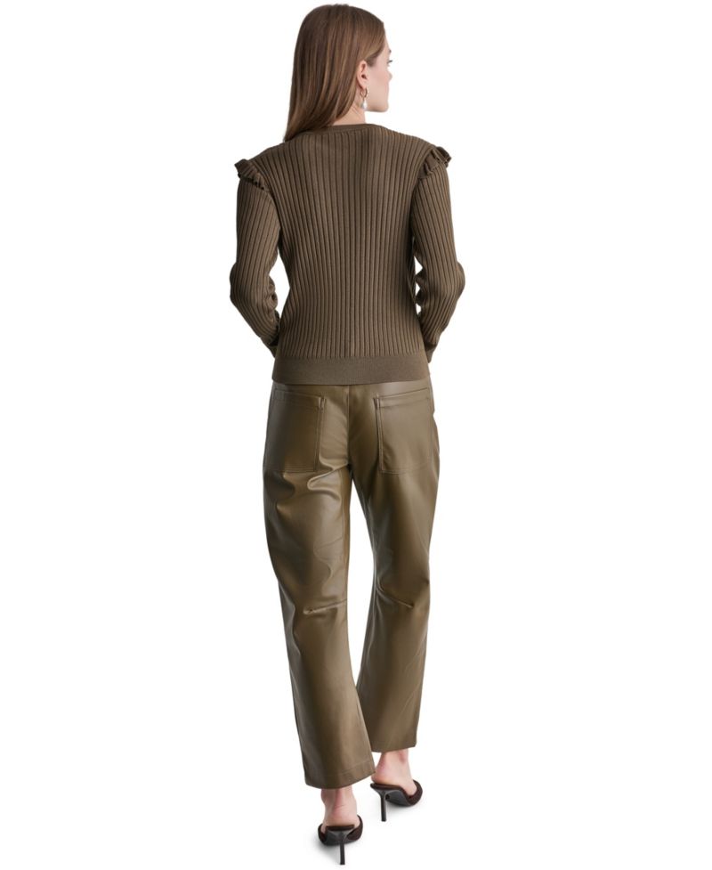 Women's Ruffle-Trim Ribbed-Knit Long-Sleeve Crewneck Sweater