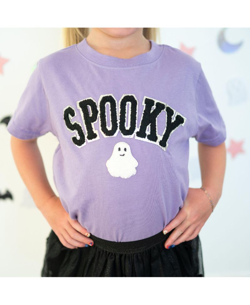 Little Girls Spooky Ghost Patch Halloween Short Sleeve T-Shirt