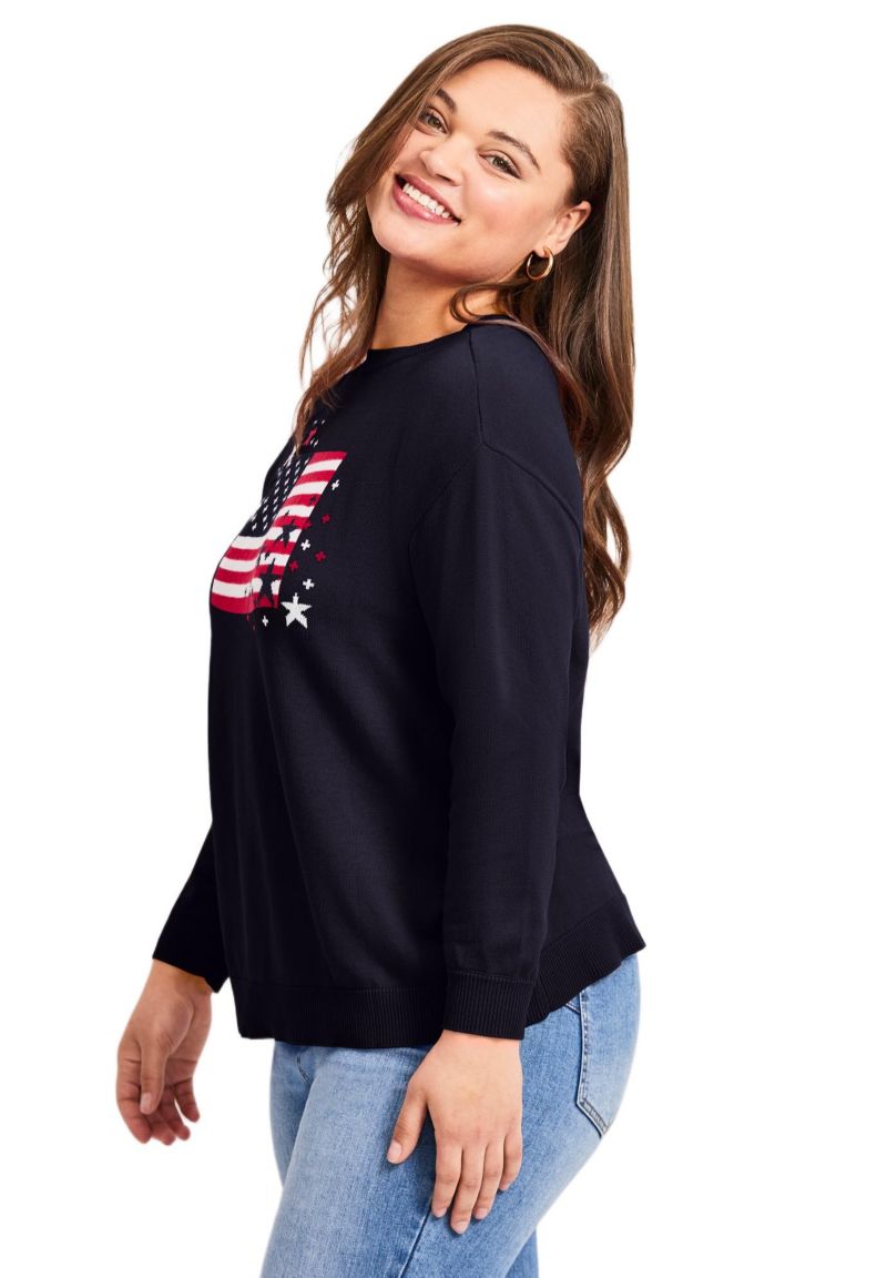 Women's Plus Size Americana Long Sleeve Crewneck Sweater